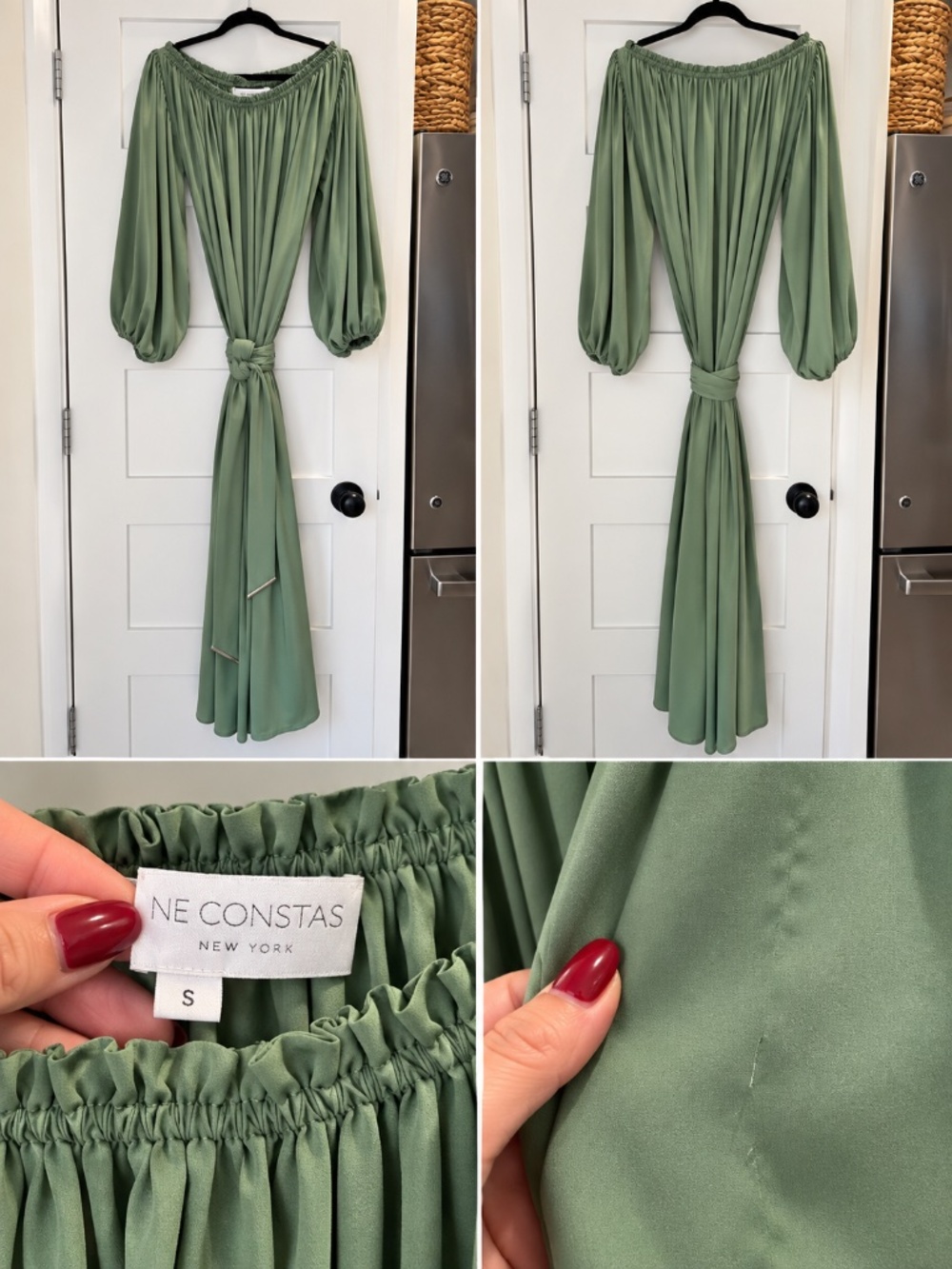 Caroline Constas Odessa Maxi Dress Sage Green Off Shoulder Belt Size S